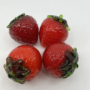 Strawberry Glass Paperweights Set Of 4 Green Tops‎ 2.5" Heavy Ornate Fruit Berry